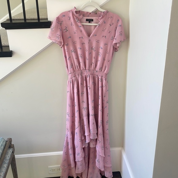 1. State Split Neck High Low Dress in Petite Calico Roses. Medium. - Picture 1 of 3